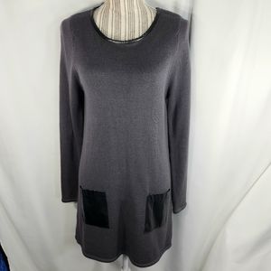 Mod-o-doc Grey w/Faux Black Leather Accents 60s Style Long Sleeve Dress Sz Small